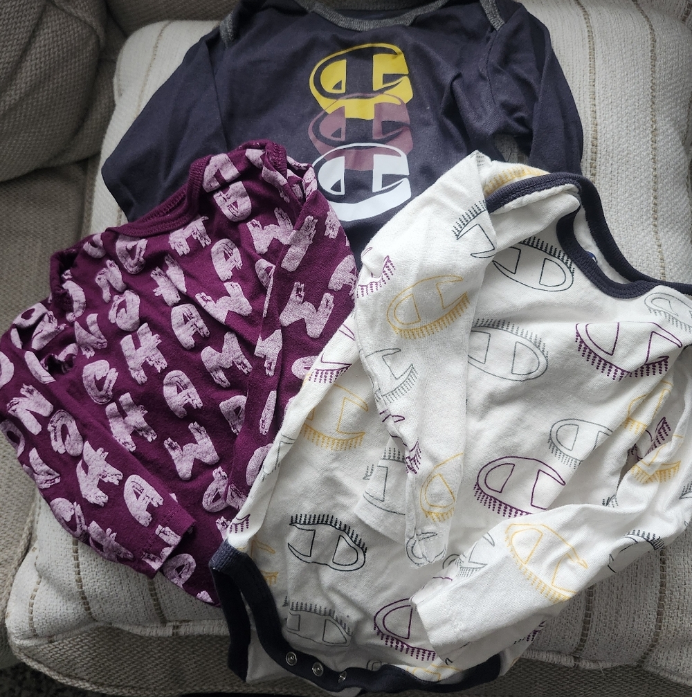 Champion Logo Baby Onesies Trio - Navy, Burgundy, Cream